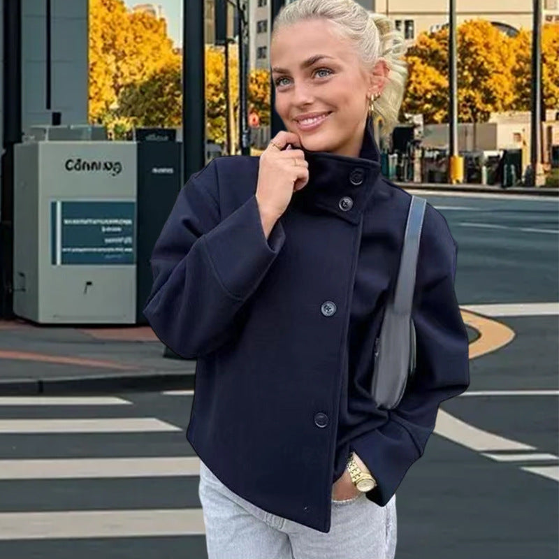 Women's Casual Wool Blanket Jacket with High Collar and Button Closure