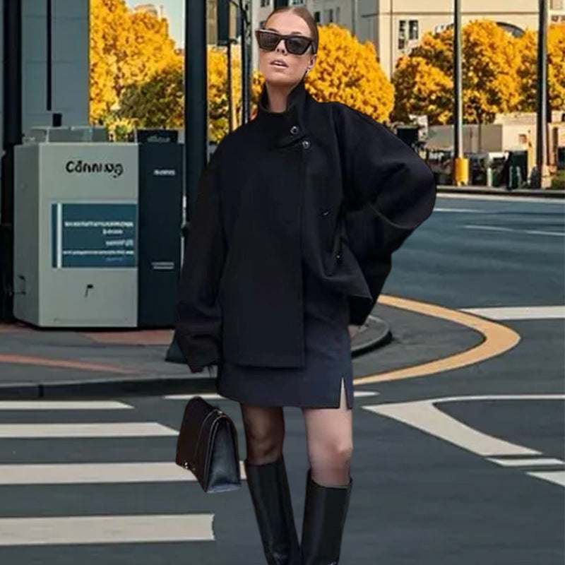 Women's Casual Wool Blanket Jacket with High Collar and Button Closure