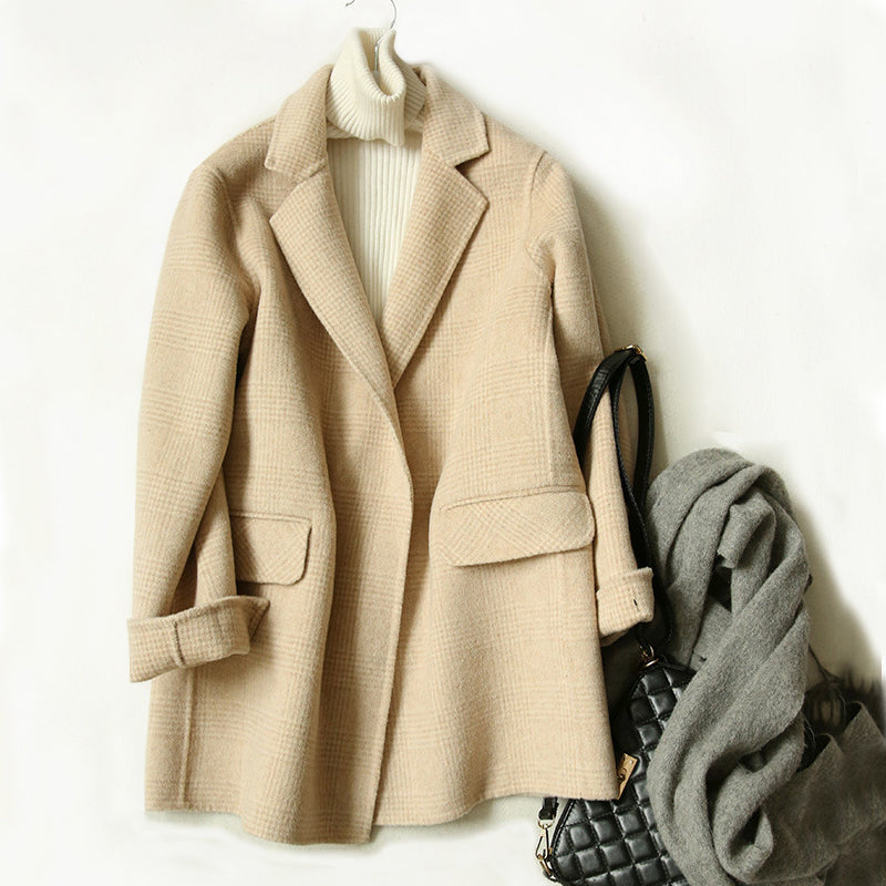 Women's Checked Wool Coat with Notch Lapel and Button Front