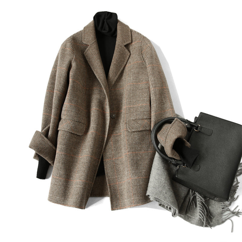 Women's Checked Wool Coat with Notch Lapel and Button Front
