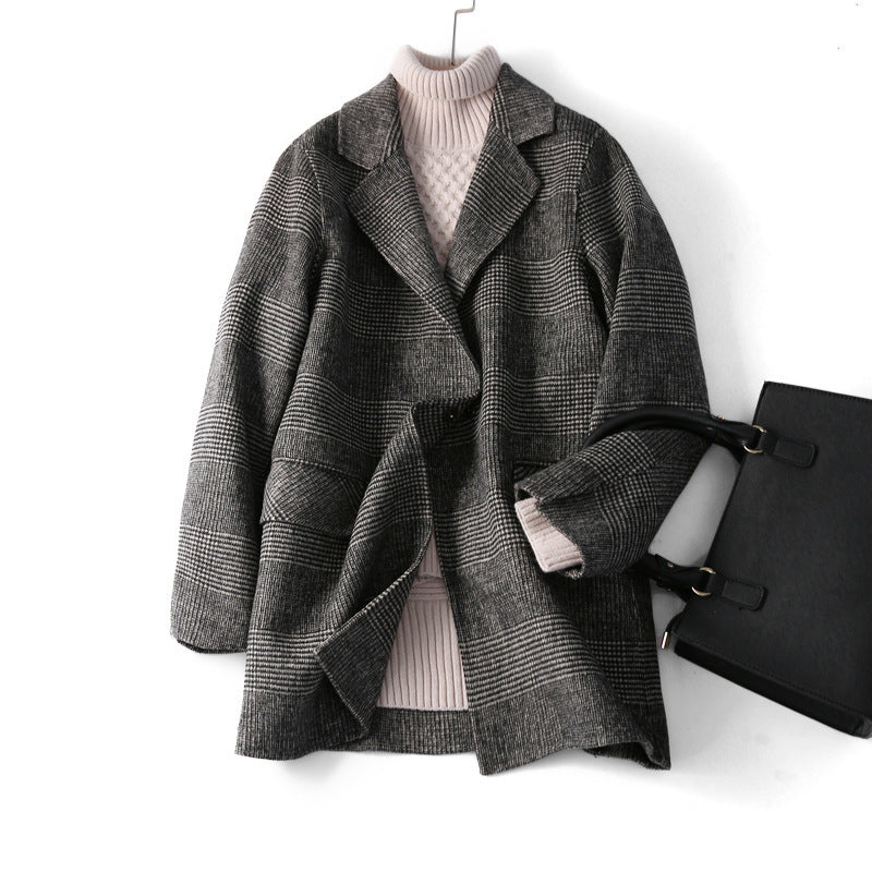 Women's Checked Wool Coat with Notch Lapel and Button Front