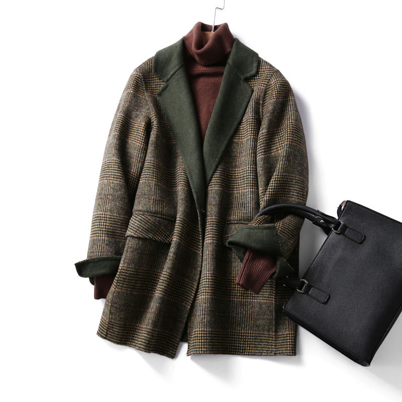 Women's Checked Wool Coat with Notch Lapel and Button Front