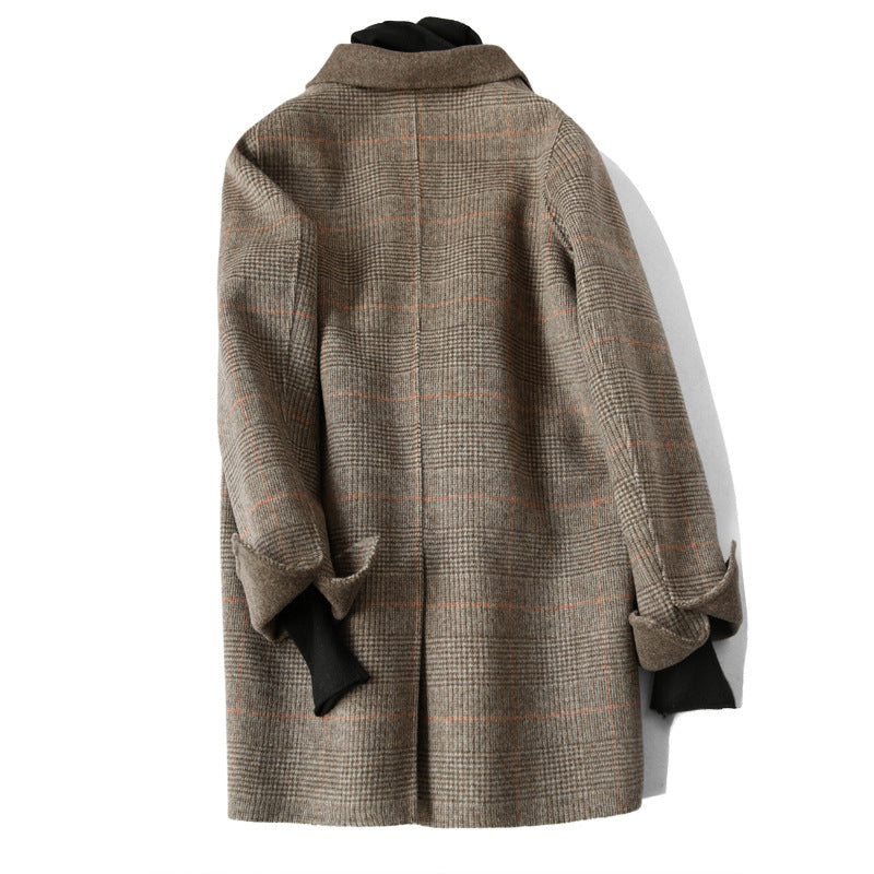 Women's Checked Wool Coat with Notch Lapel and Button Front