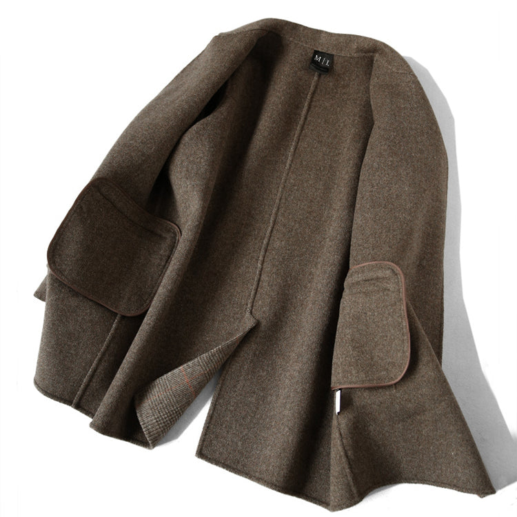 Women's Checked Wool Coat with Notch Lapel and Button Front
