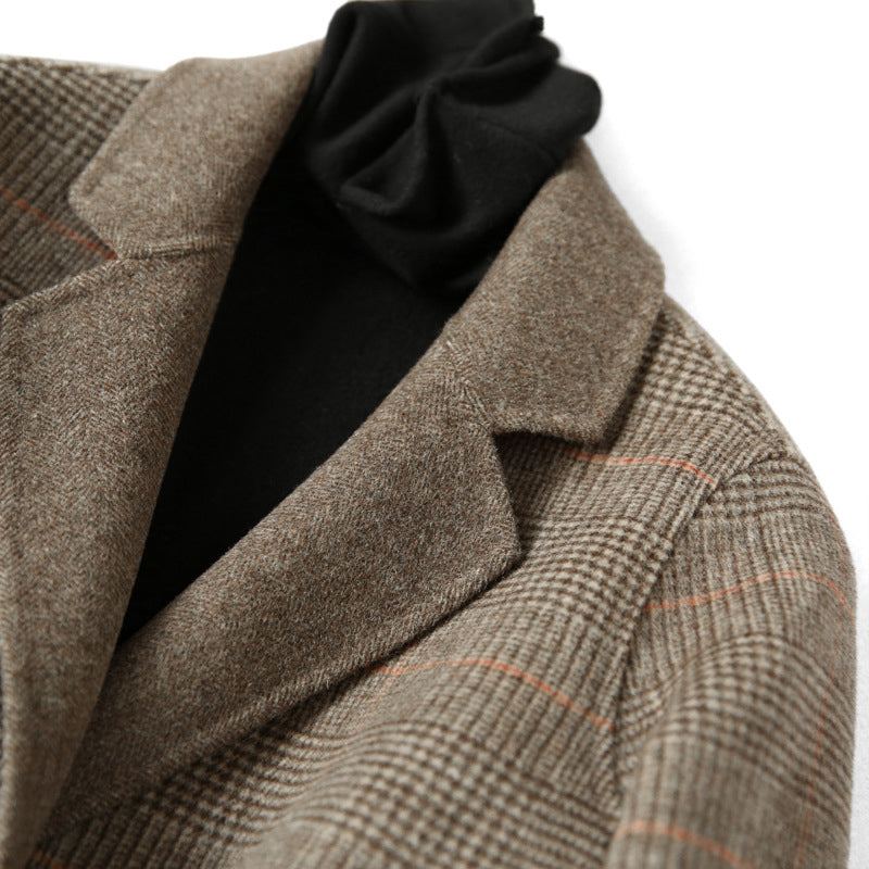 Women's Checked Wool Coat with Notch Lapel and Button Front
