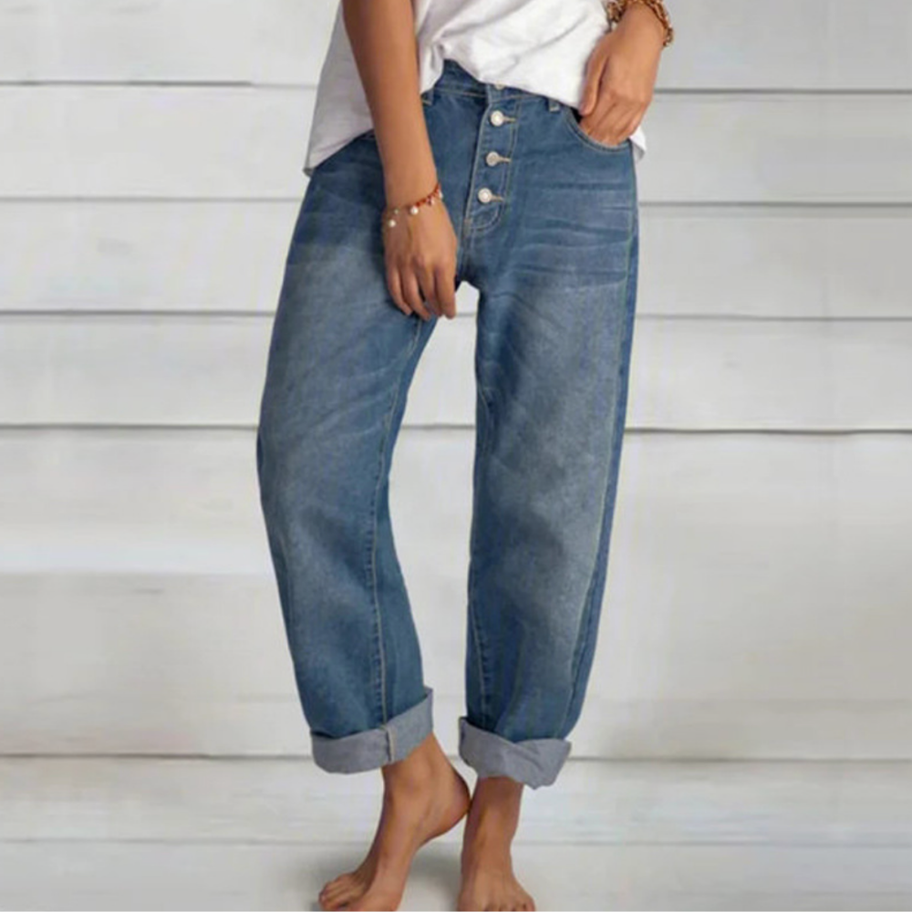 Women's Classic Blue Denim Pants with Unique Design and Comfortable Fit