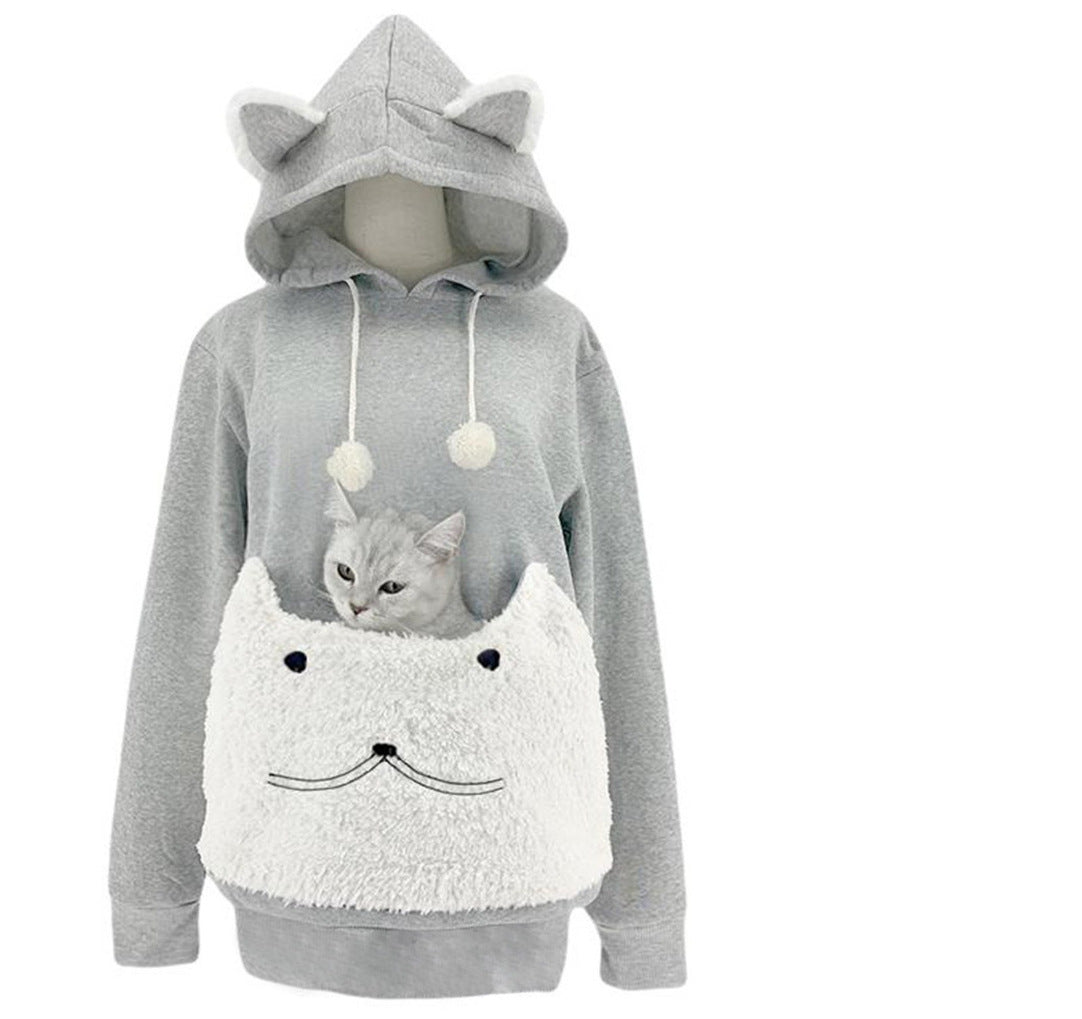 Women's Cosy Hoodie with Cat Motif and Practical Kangaroo Pocket