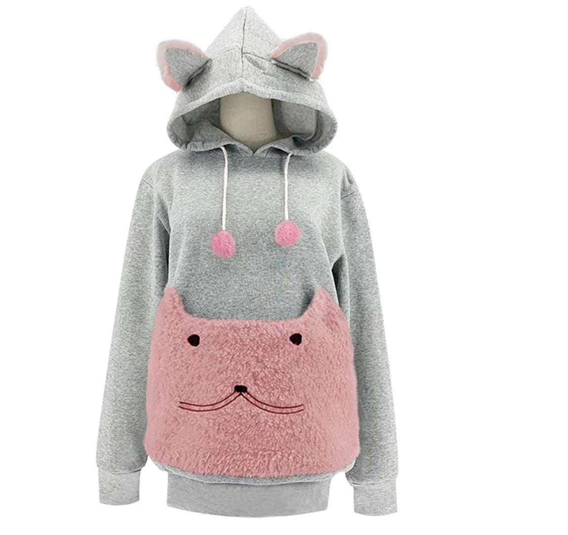 Women's Cosy Hoodie with Cat Motif and Practical Kangaroo Pocket
