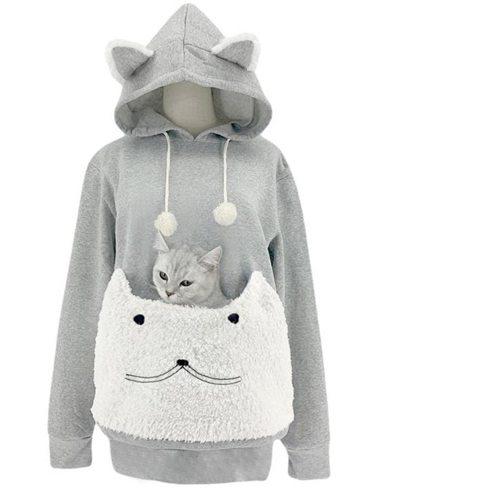 Women's Cosy Hoodie with Cat Motif and Practical Kangaroo Pocket