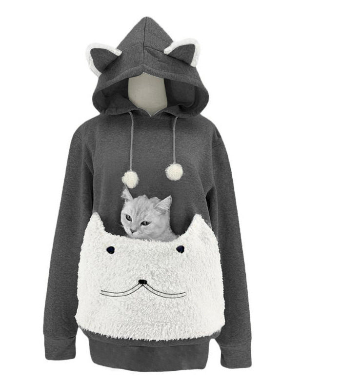 Women's Cosy Hoodie with Cat Motif and Practical Kangaroo Pocket