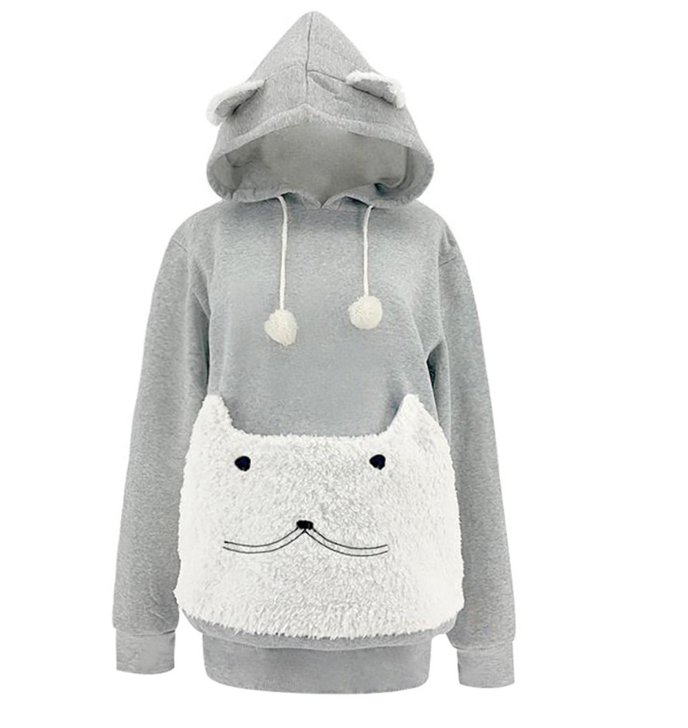 Women's Cosy Hoodie with Cat Motif and Practical Kangaroo Pocket