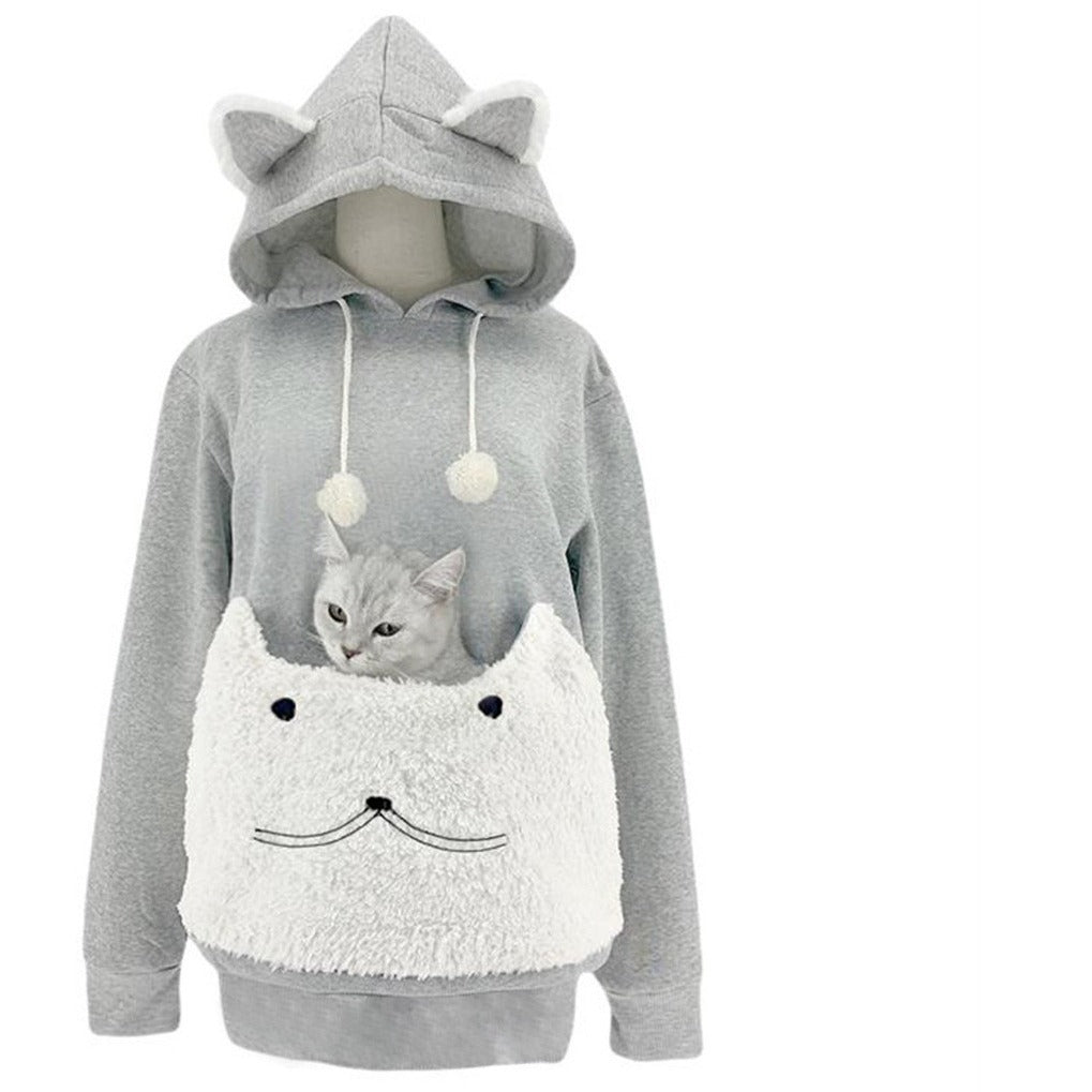Women's Cosy Hoodie with Cat Motif and Practical Kangaroo Pocket