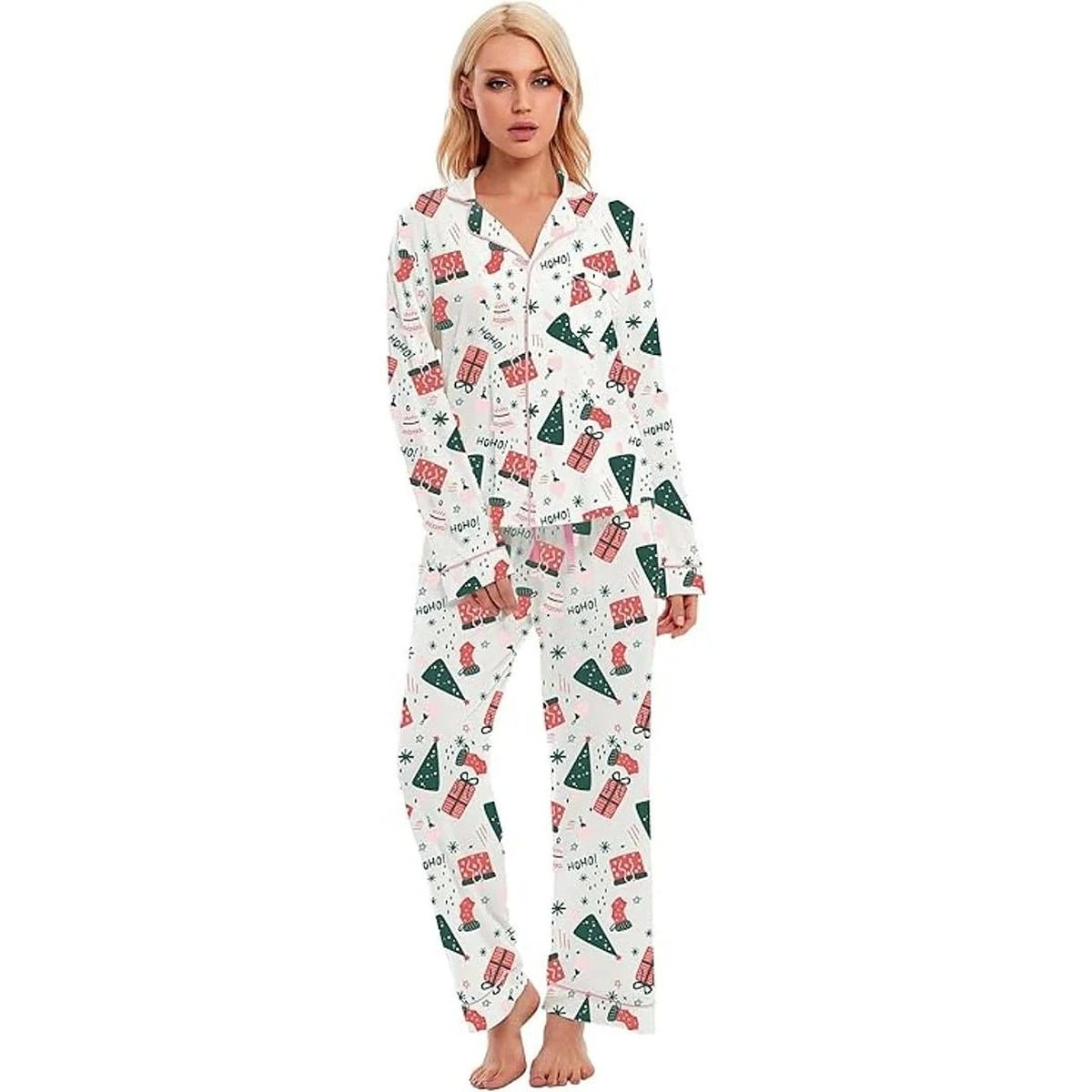Women's Cotton Christmas Pajama Set with Long Sleeves and Button Closure