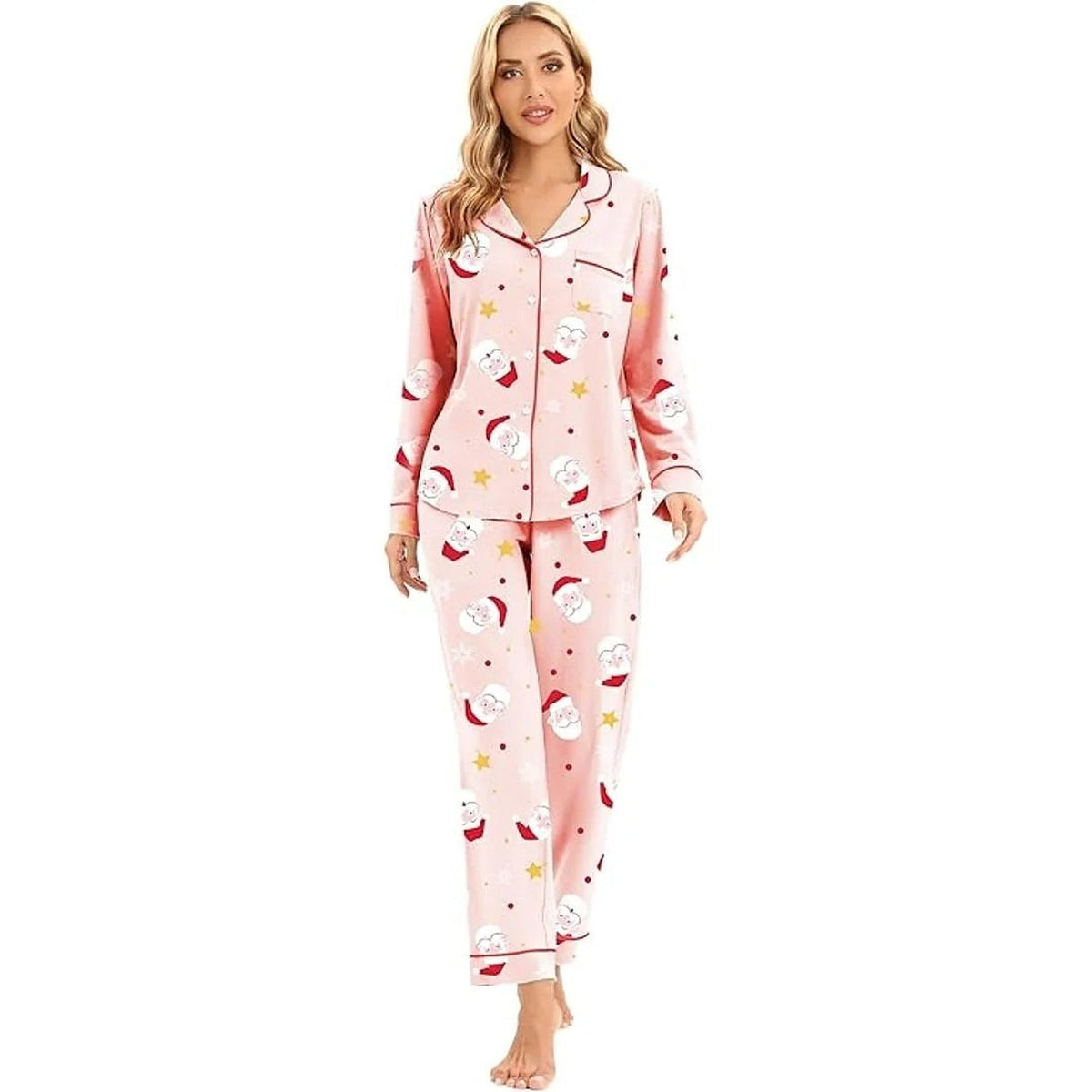 Women's Cotton Christmas Pajama Set with Long Sleeves and Button Closure