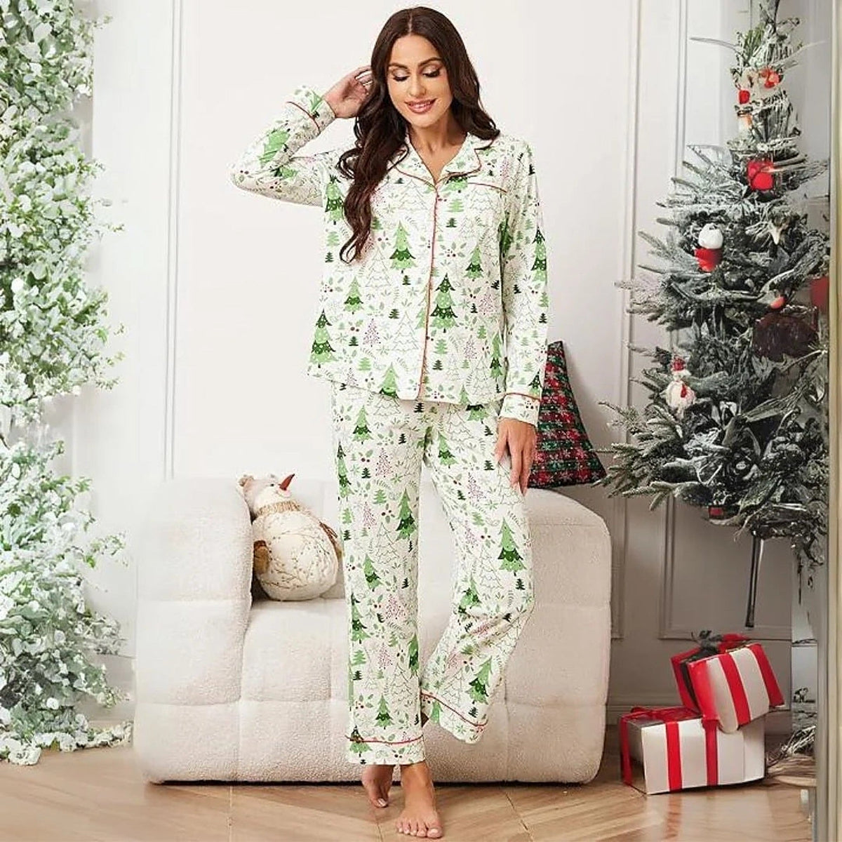 Women's Cotton Christmas Pajama Set with Long Sleeves and Button Closure