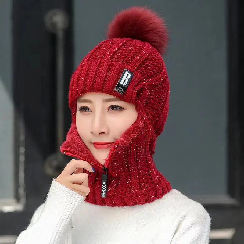Women's Cozy Knitted Balaclava with Pompom