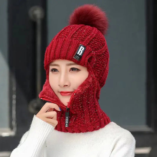 Women's Cozy Knitted Balaclava with Pompom