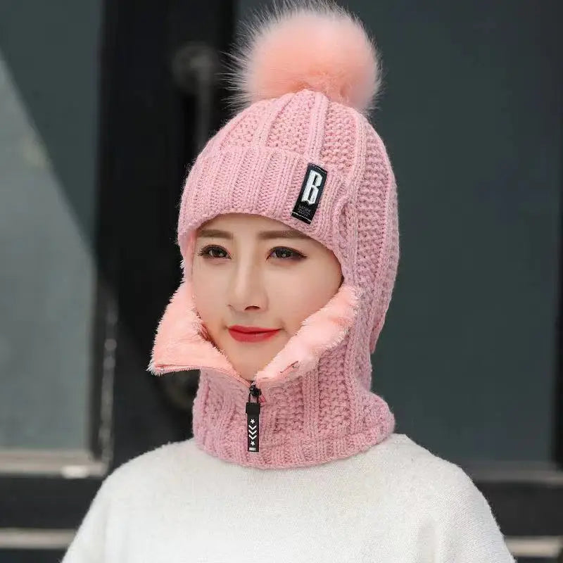 Women's Cozy Knitted Balaclava with Pompom