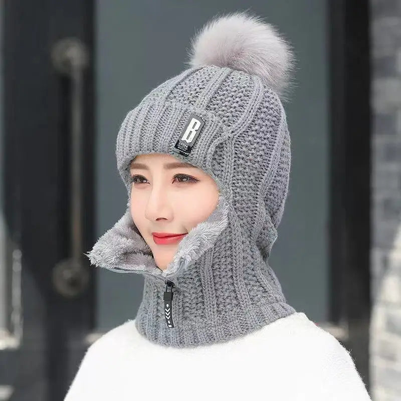 Women's Cozy Knitted Balaclava with Pompom