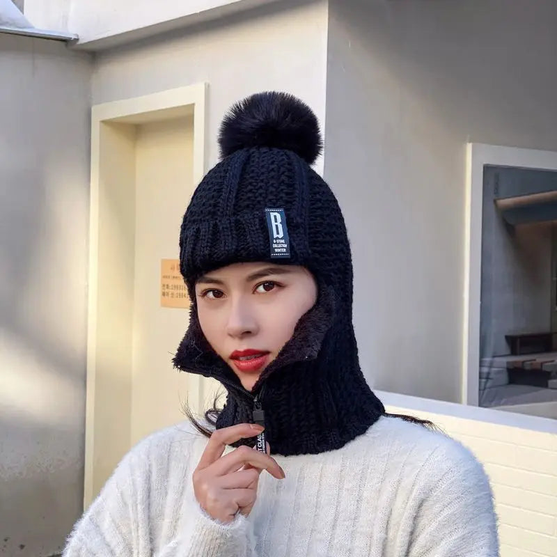Women's Cozy Knitted Balaclava with Pompom