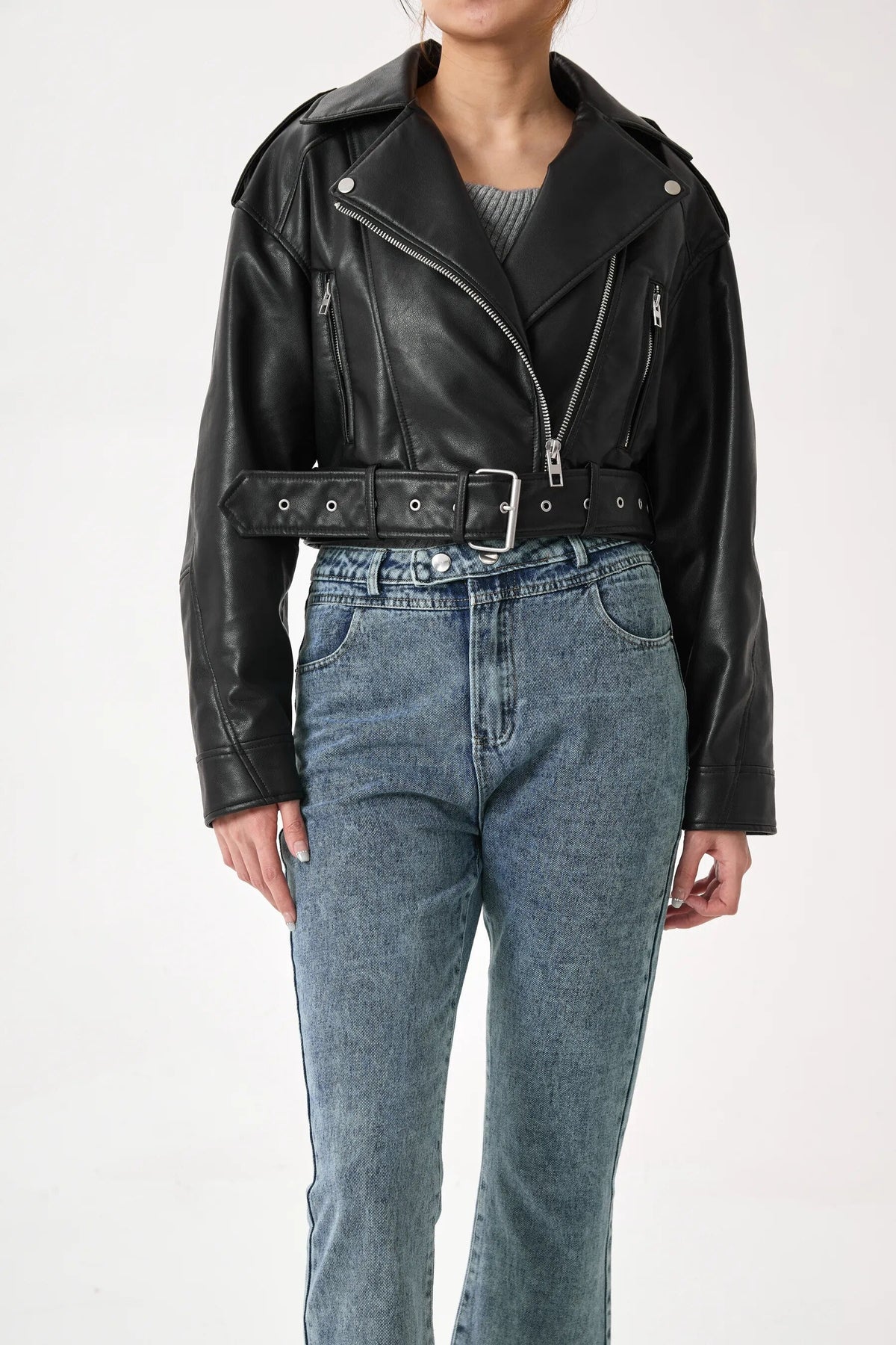 Women's Cropped Belted Zip-Front Moto Jacket