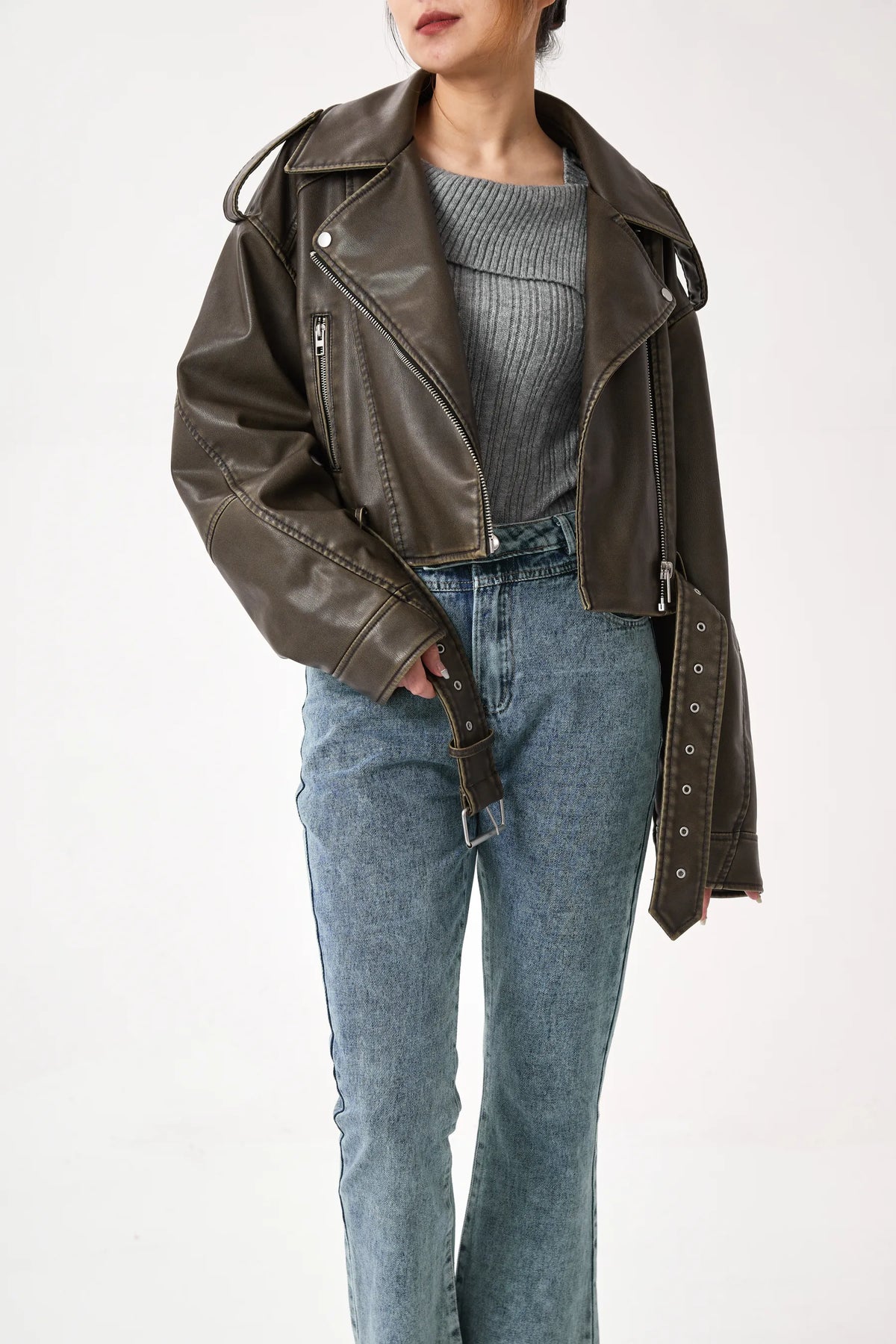 Women's Cropped Belted Zip-Front Moto Jacket