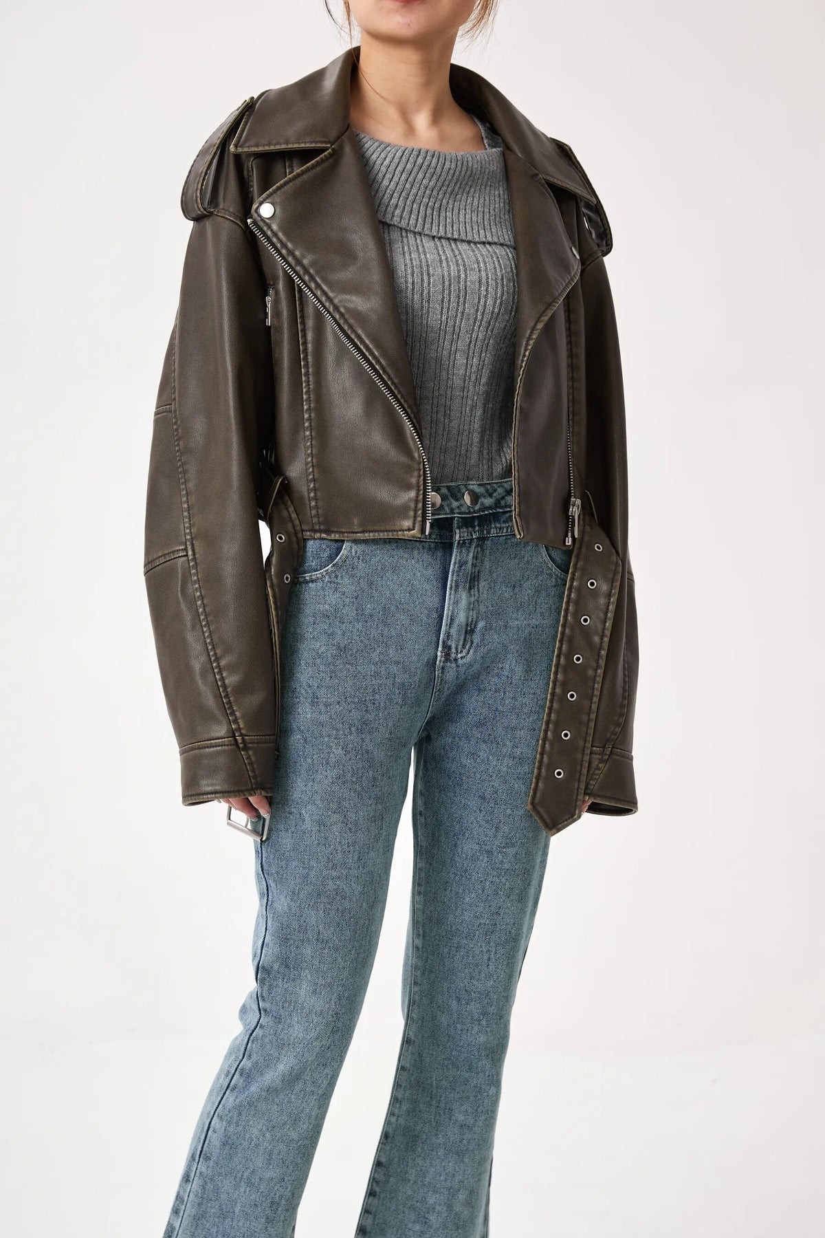 Women's Cropped Belted Zip-Front Moto Jacket