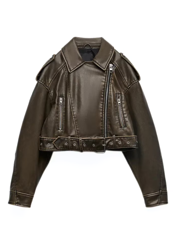 Women's Cropped Belted Zip-Front Moto Jacket