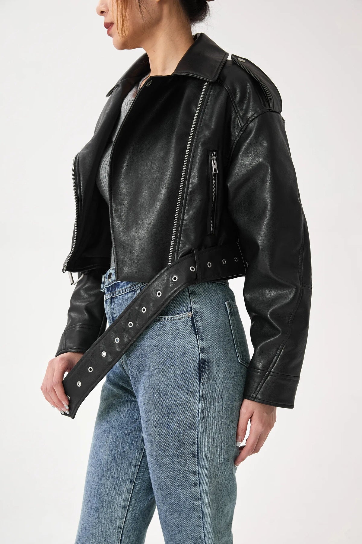 Women's Cropped Belted Zip-Front Moto Jacket