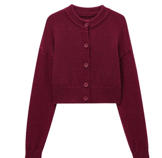 Women's Cropped Cardigan with Button Placket and Round Neckline