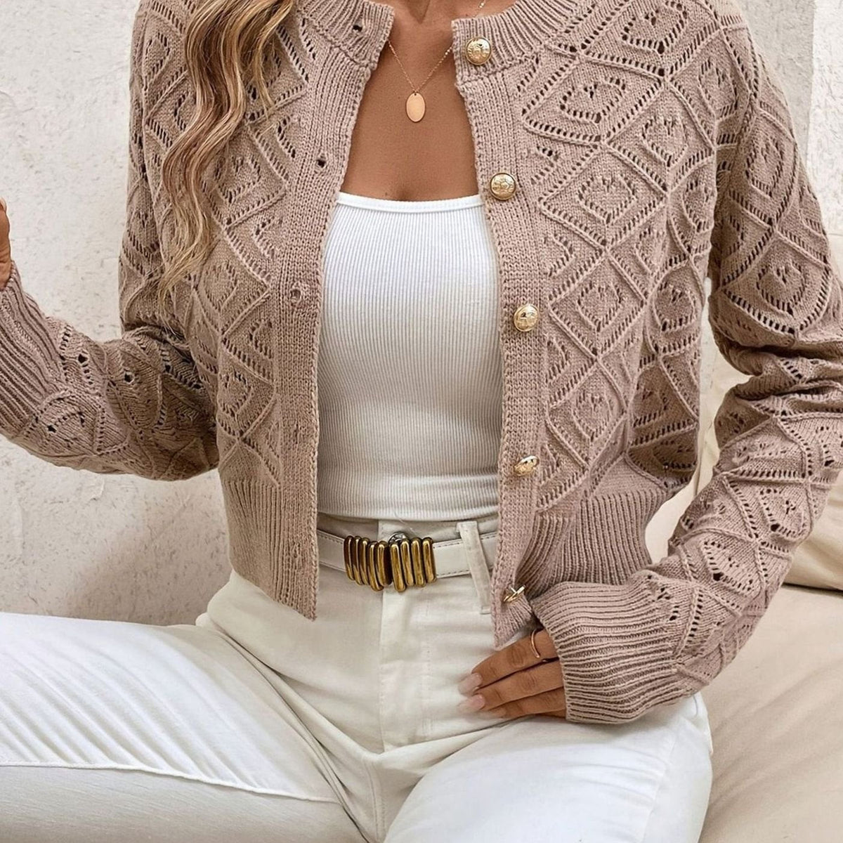 Women's Cropped Diamond-Knit Button-Front Cardigan