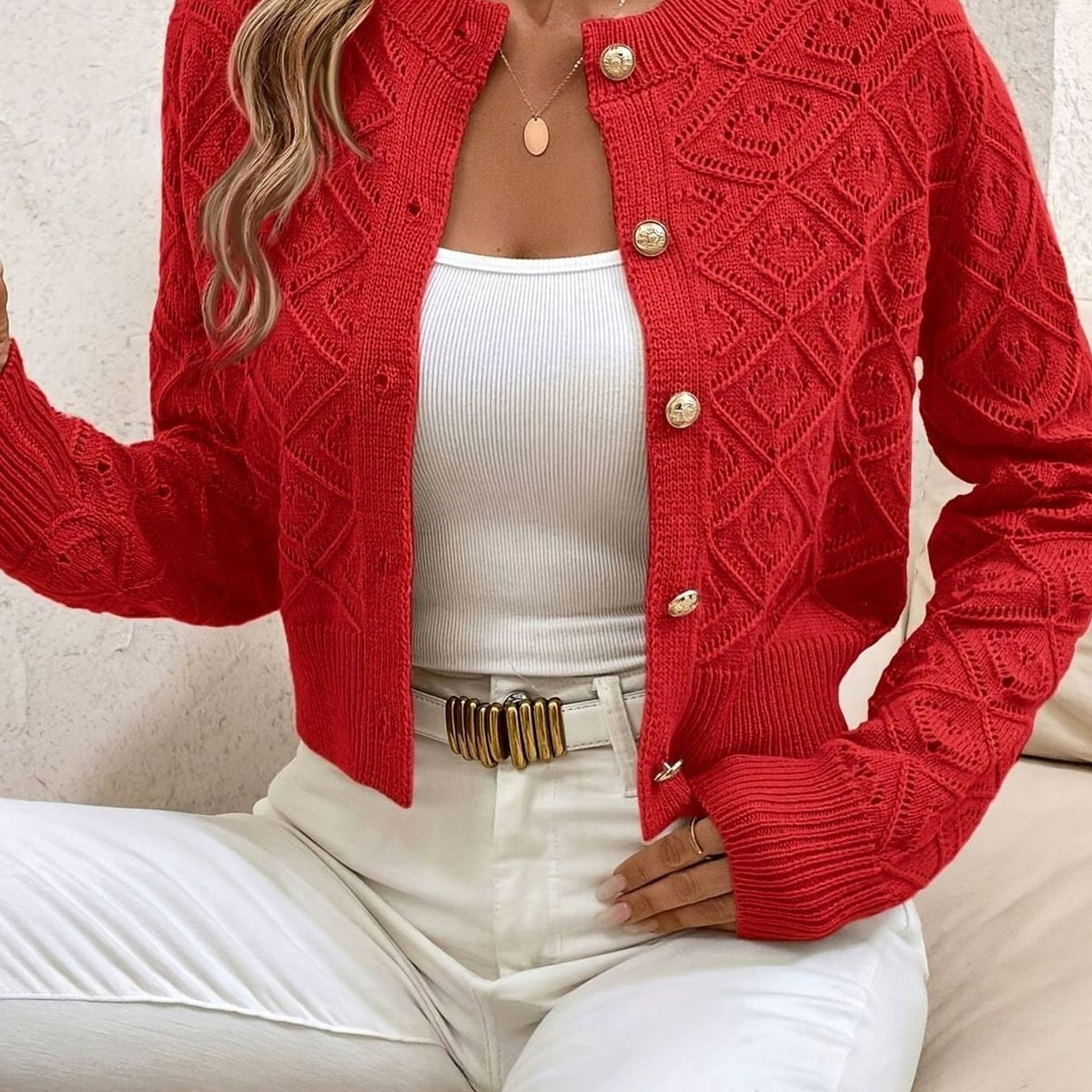Women's Cropped Diamond-Knit Button-Front Cardigan