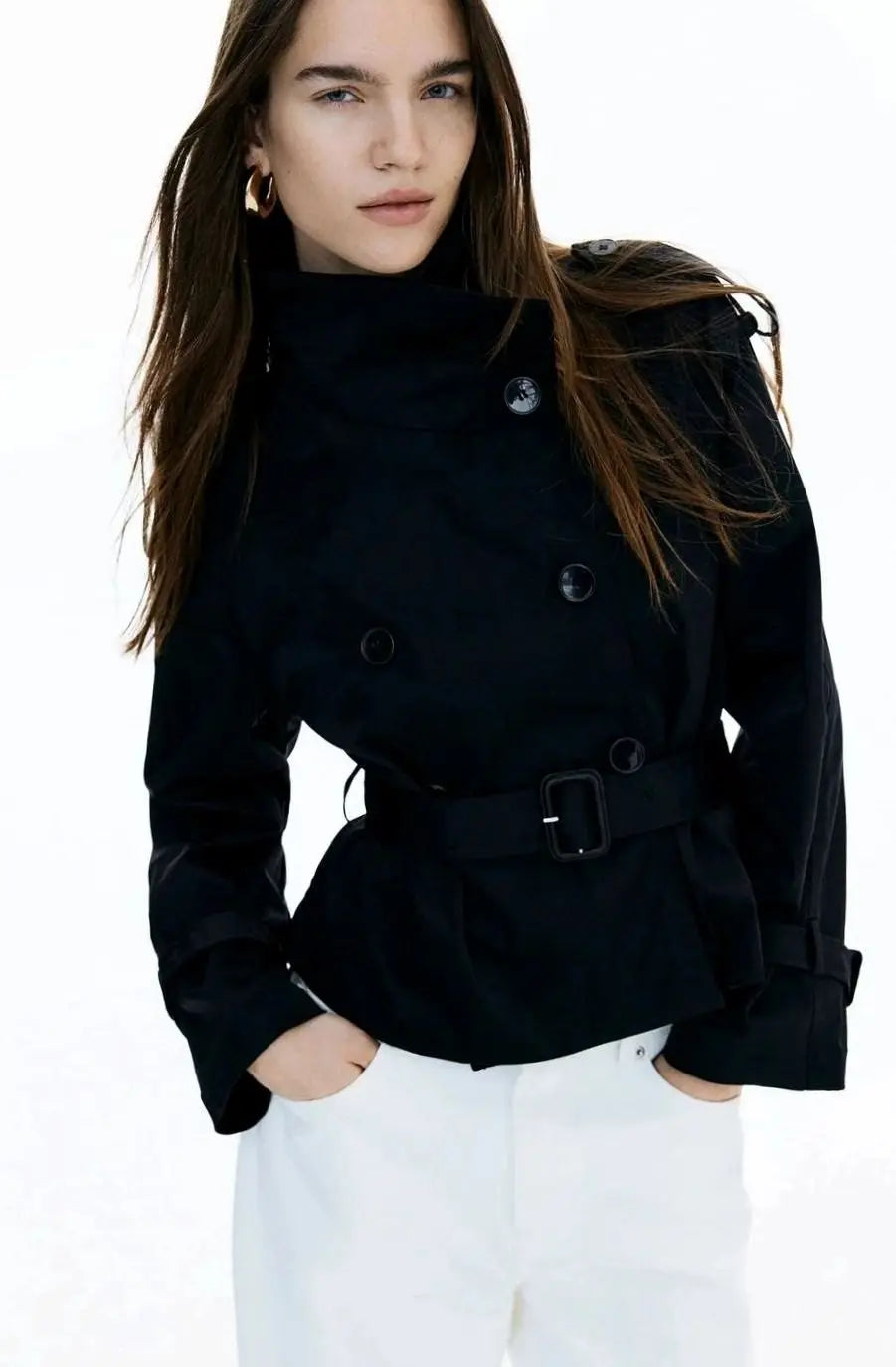Women's Cropped Stand-Up Collar Belted Trench Jacket