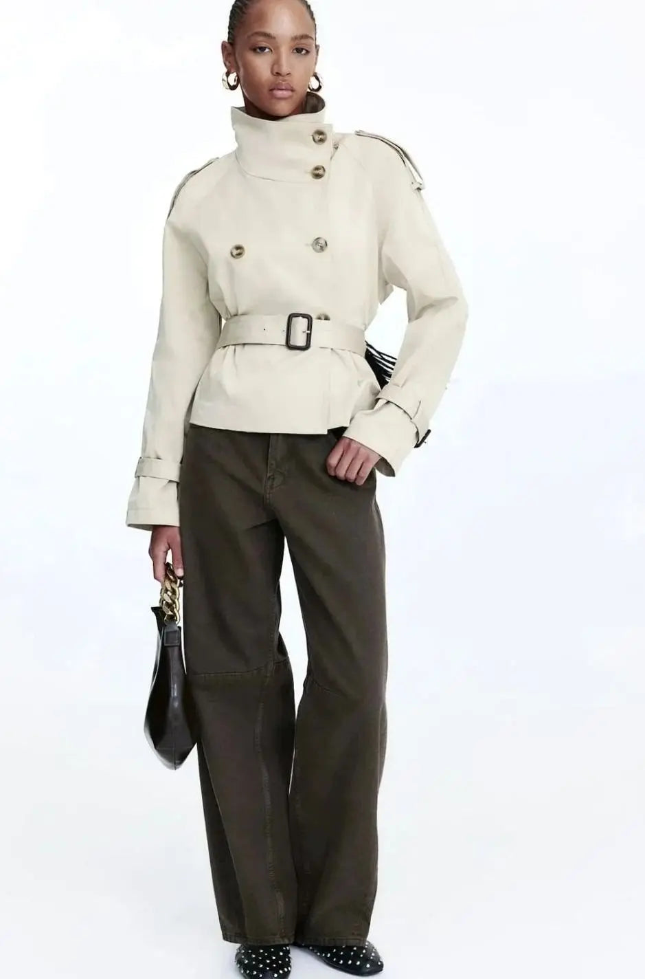 Women's Cropped Stand-Up Collar Belted Trench Jacket