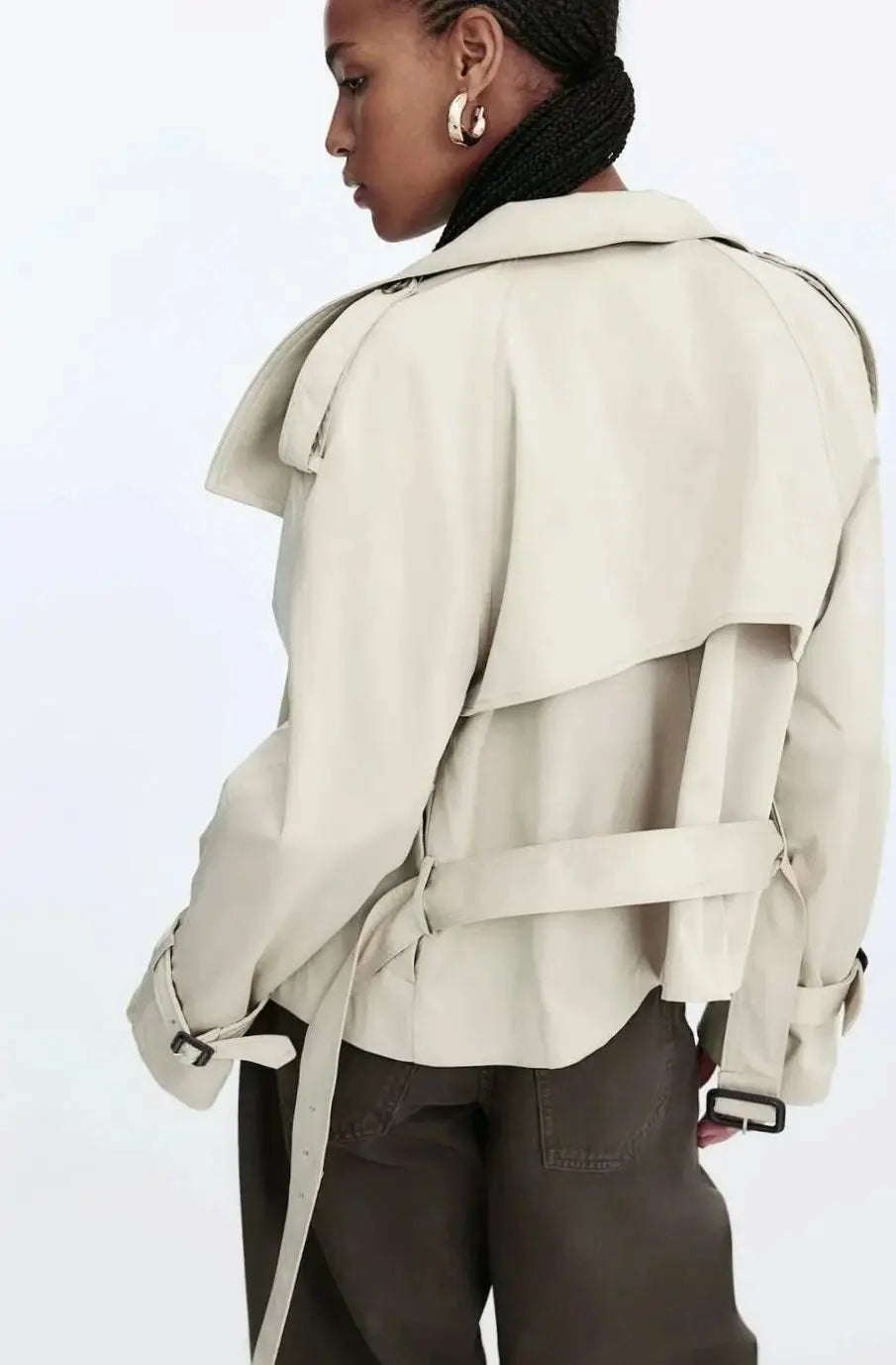Women's Cropped Stand-Up Collar Belted Trench Jacket