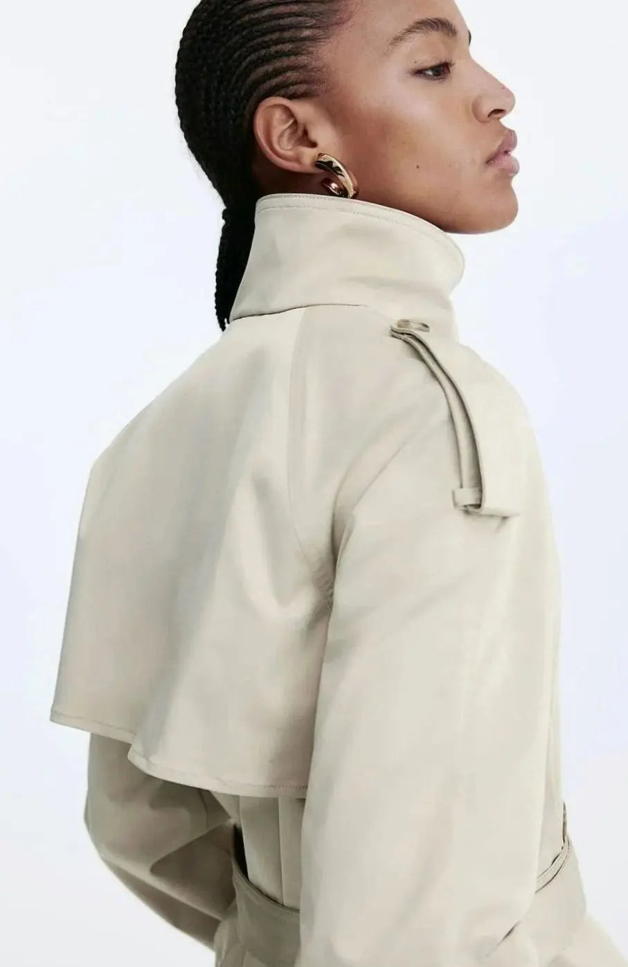 Women's Cropped Stand-Up Collar Belted Trench Jacket
