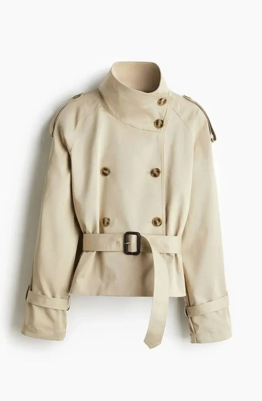 Women's Cropped Stand-Up Collar Belted Trench Jacket