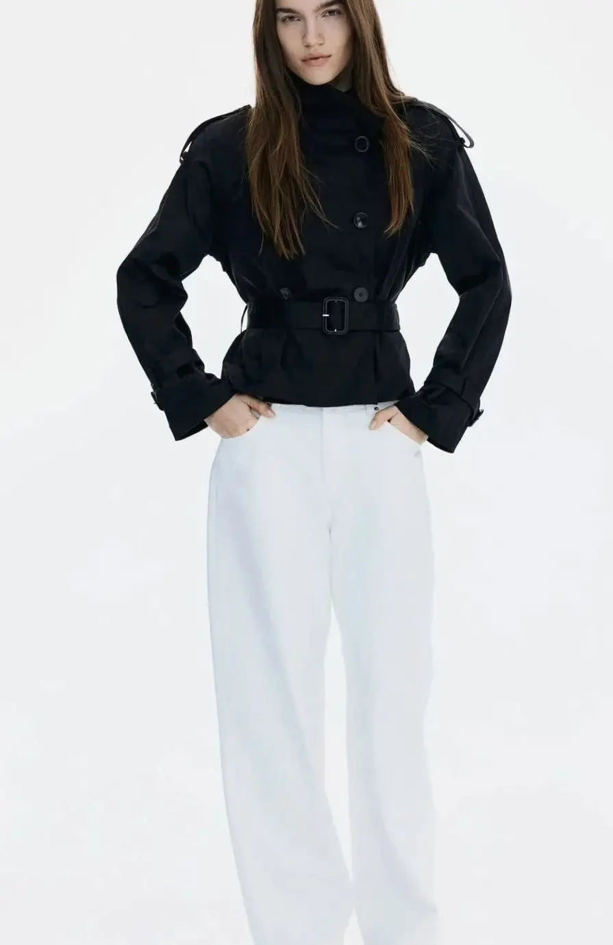 Women's Cropped Stand-Up Collar Belted Trench Jacket