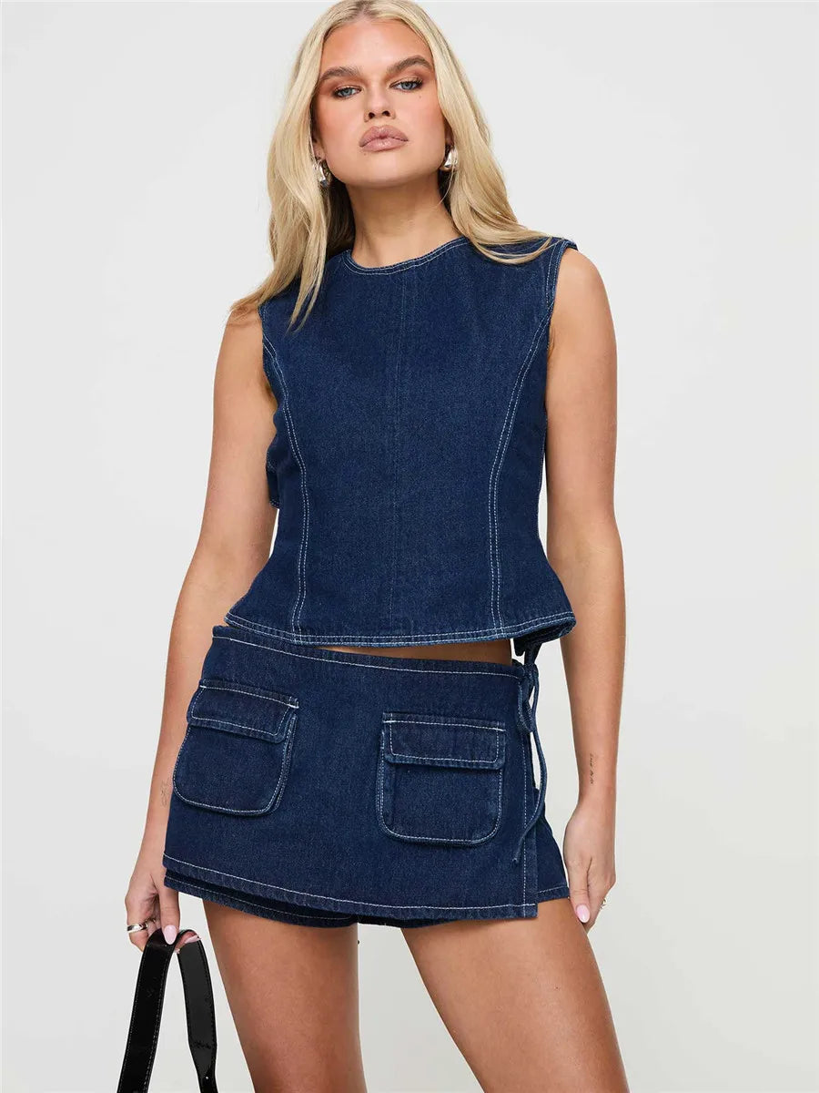 Women's Denim Mini Skirt with Cargo Utility Pockets
