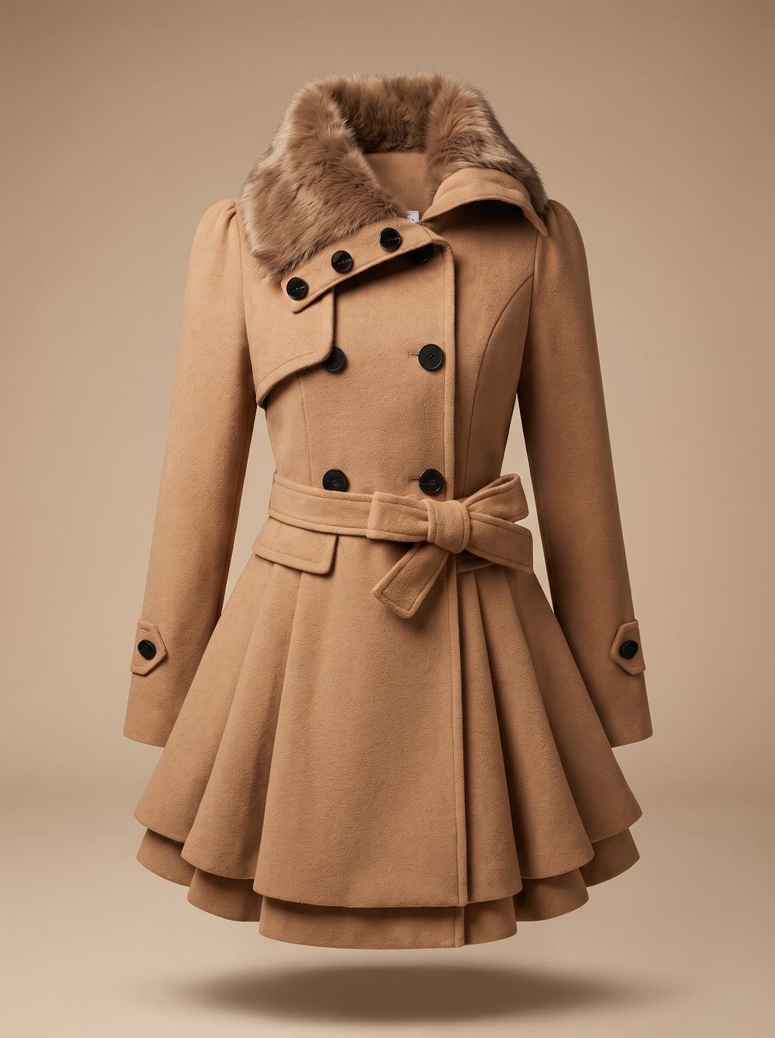 Women's Double-Breasted Faux Fur Collar Belted Wool Overcoat