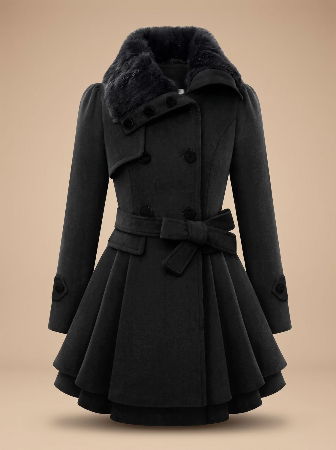 Women's Double-Breasted Faux Fur Collar Belted Wool Overcoat