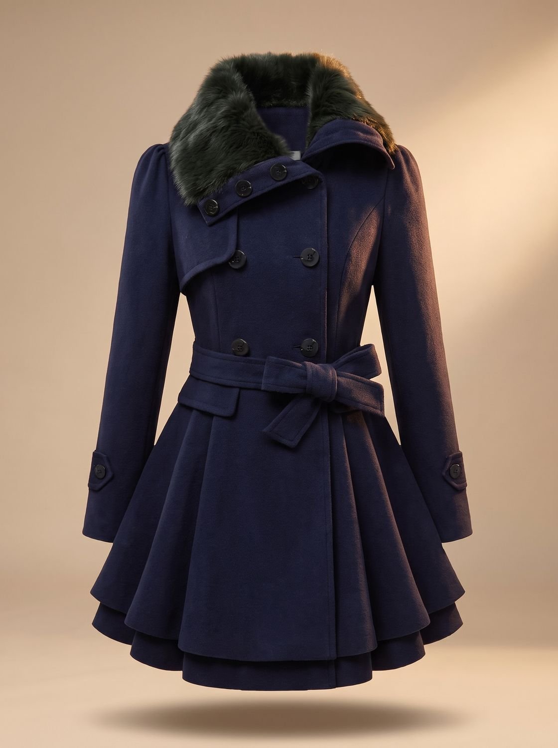 Women's Double-Breasted Faux Fur Collar Belted Wool Overcoat