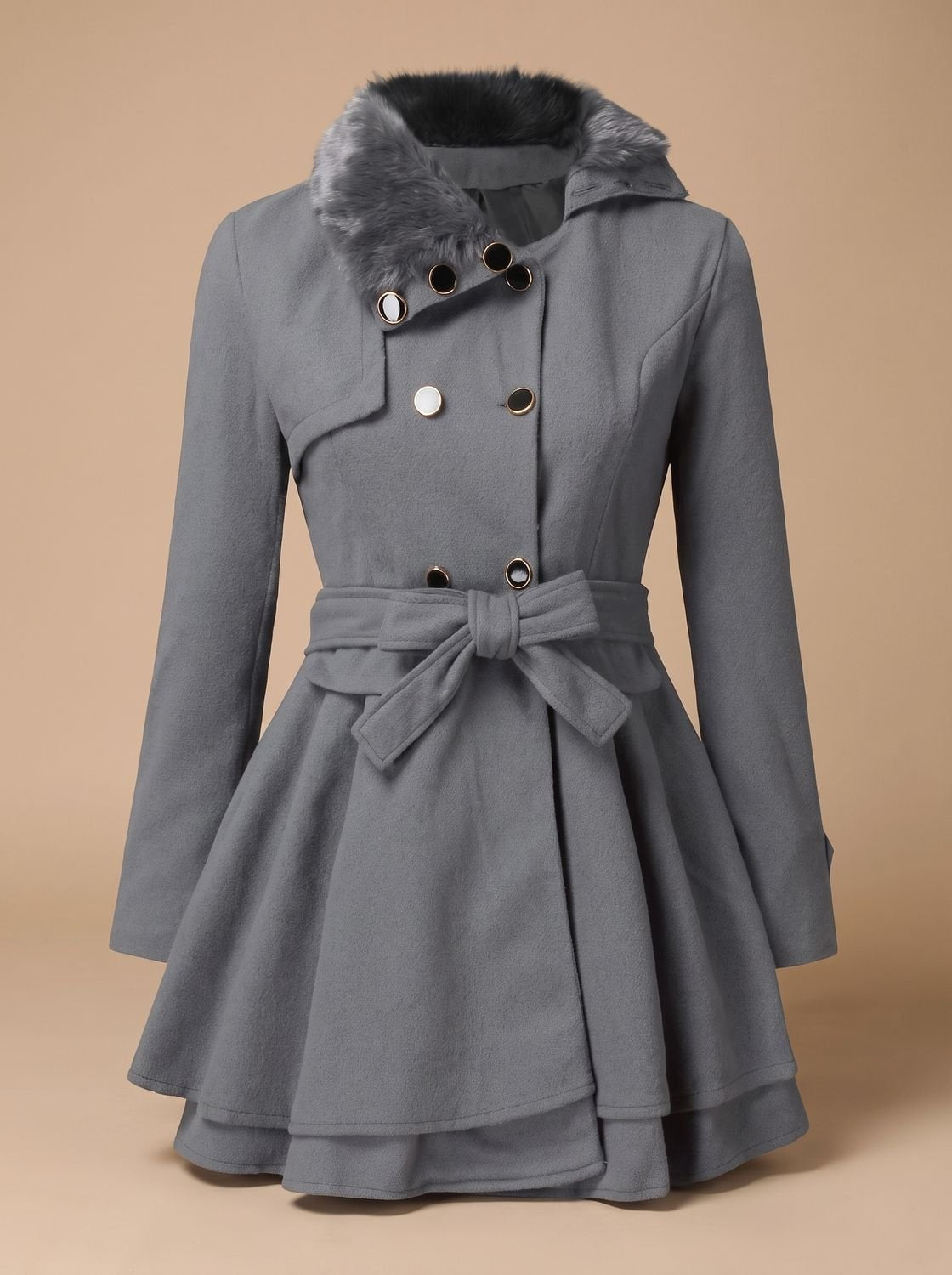 Women's Double-Breasted Faux Fur Collar Belted Wool Overcoat