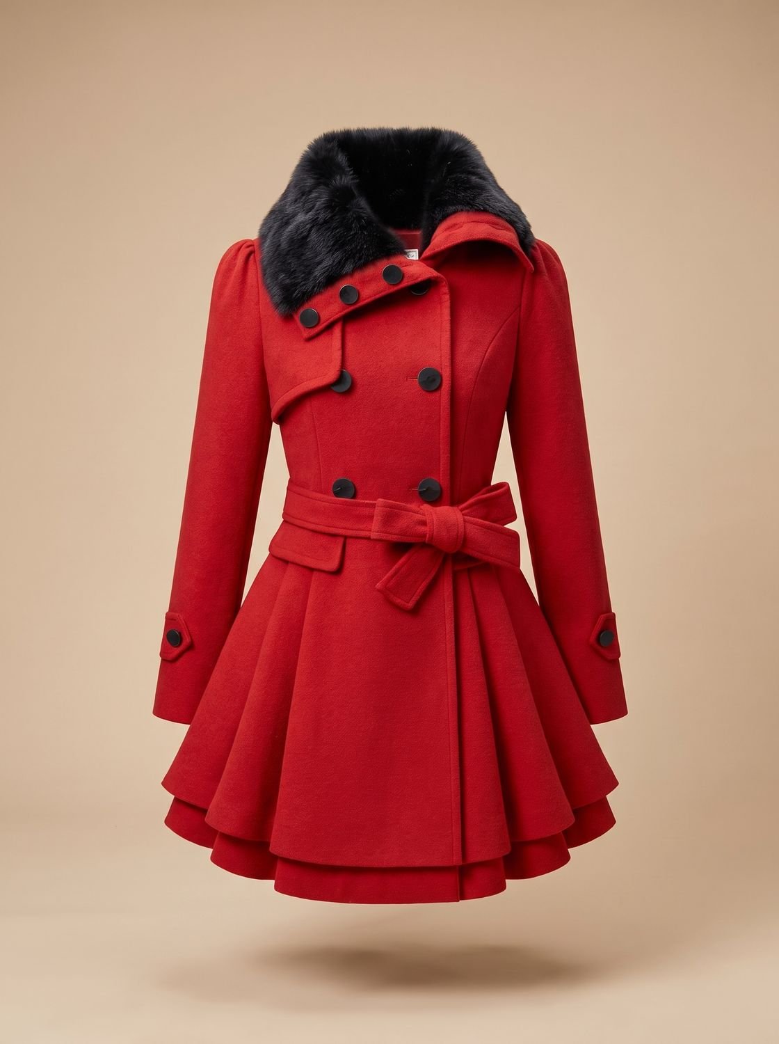 Women's Double-Breasted Faux Fur Collar Belted Wool Overcoat