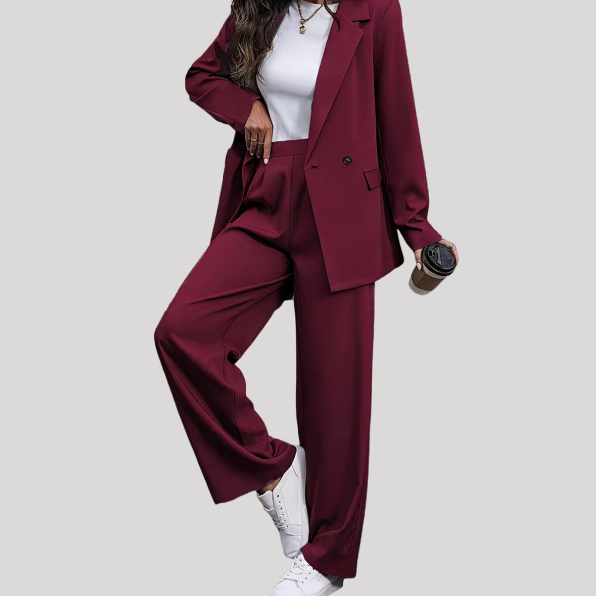 Women's Double-Breasted Tailored Wide-Leg Pant Suit Set