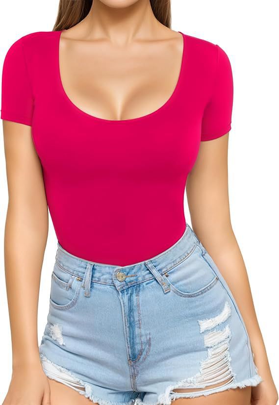 Women's Fitted Short-Sleeve Bodysuit with Scoop Neck and Seamless Design