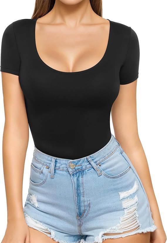 Women's Fitted Short-Sleeve Bodysuit with Scoop Neck and Seamless Design