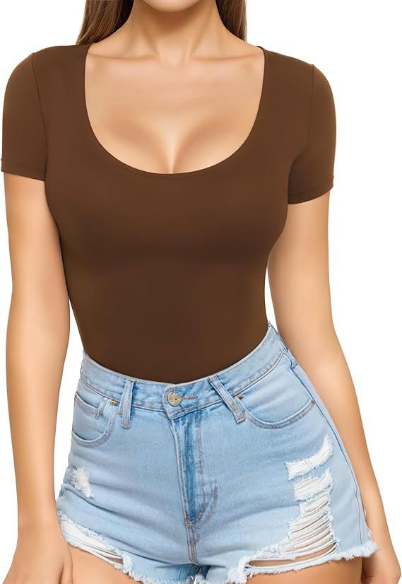 Women's Fitted Short-Sleeve Bodysuit with Scoop Neck and Seamless Design