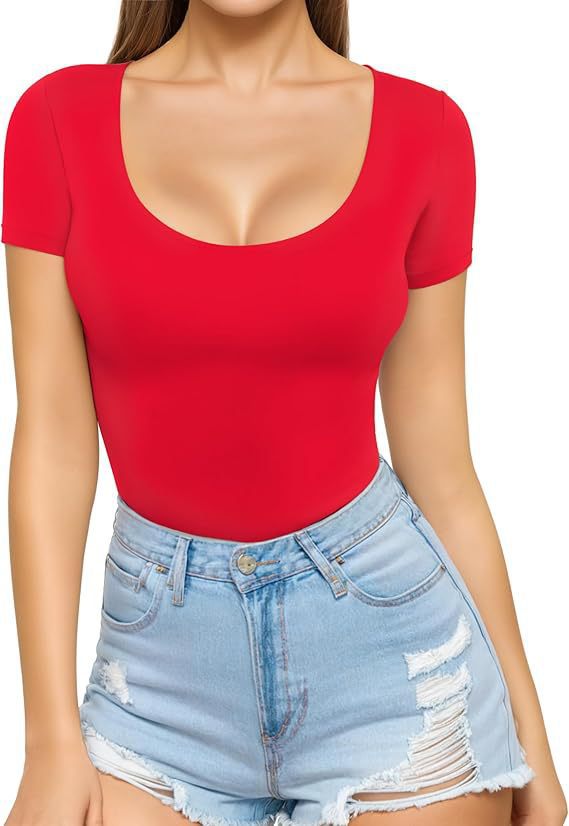 Women's Fitted Short-Sleeve Bodysuit with Scoop Neck and Seamless Design