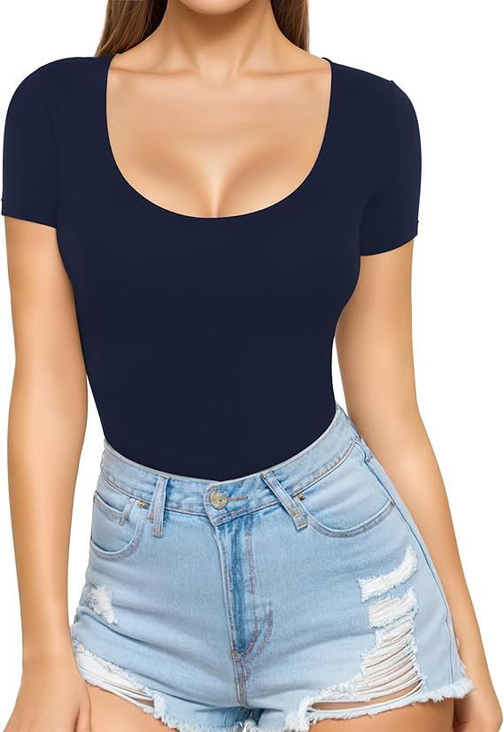 Women's Fitted Short-Sleeve Bodysuit with Scoop Neck and Seamless Design